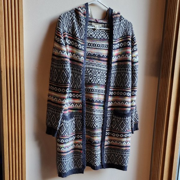 Monteau Sweaters - Monteau Aztec Open Cardigan Hooded Sweater Size Small